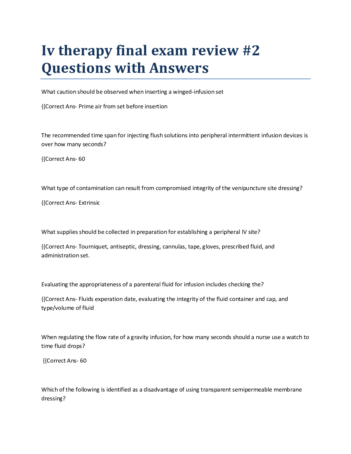 Iv therapy final exam review 2 Questions with Answers Browsegrades